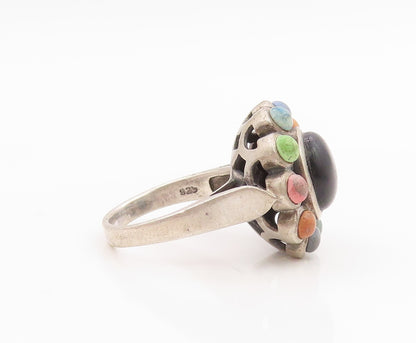 925 Sterling Silver Vintage Ring Onyx & Gemstone Flower Band  Sz 7.5  RG35741