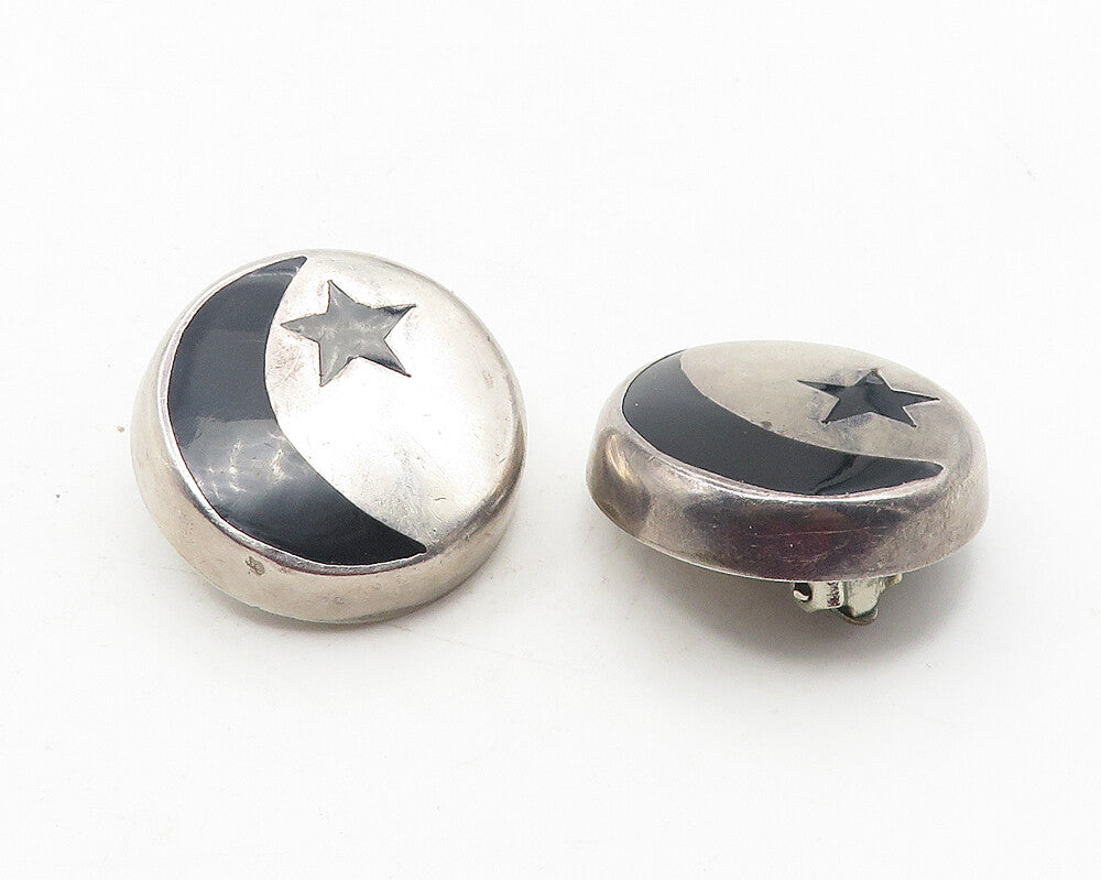 MEXICO 925 Sterling Silver Vintage Black Onyx Moon & Stars Earrings EG5940