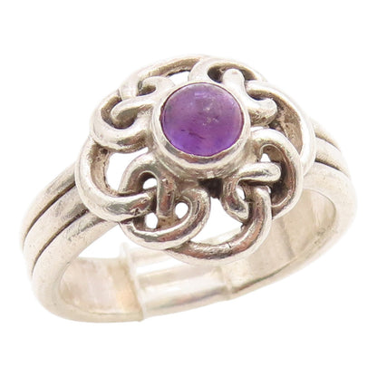 925 Sterling Silver Vintage Ring Round Amethyst Celtic Knot Band  Sz 8  RG35568