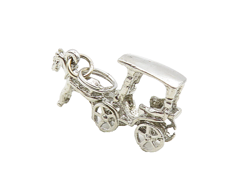 925 Sterling Silver  Vintage Shiny Horse & Carriage Motif Drop Pendant  PT6986