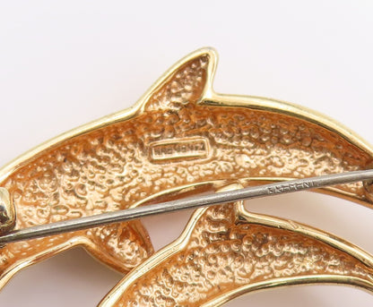 925 Sterling Silver Vintage Brooch Gold Plated CZ Dolphin Mother & Baby  BP11806
