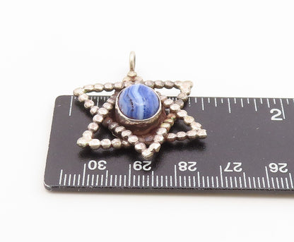 925 Sterling Silver Vintage Pendant Classic Blue Agate Star Of David  PT26655