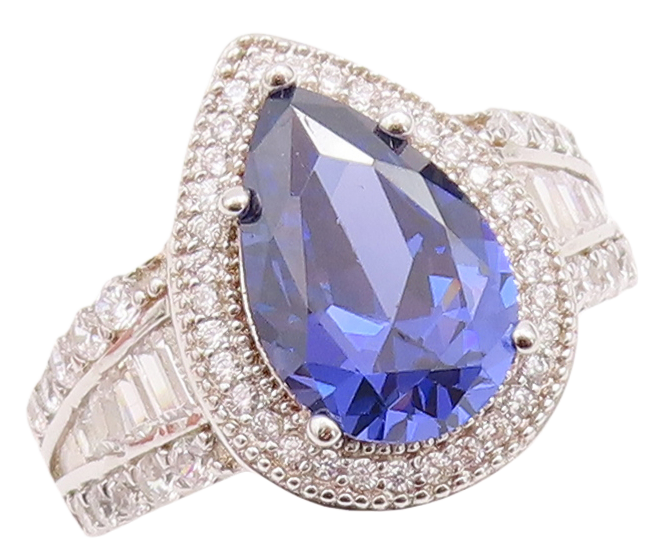 925 Sterling Silver Vintage Ring Drop Cut Sapphire Halo CZ Inlay  Sz 7  RG29025