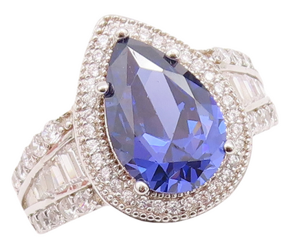 925 Sterling Silver Vintage Ring Drop Cut Sapphire Halo CZ Inlay  Sz 7  RG29025