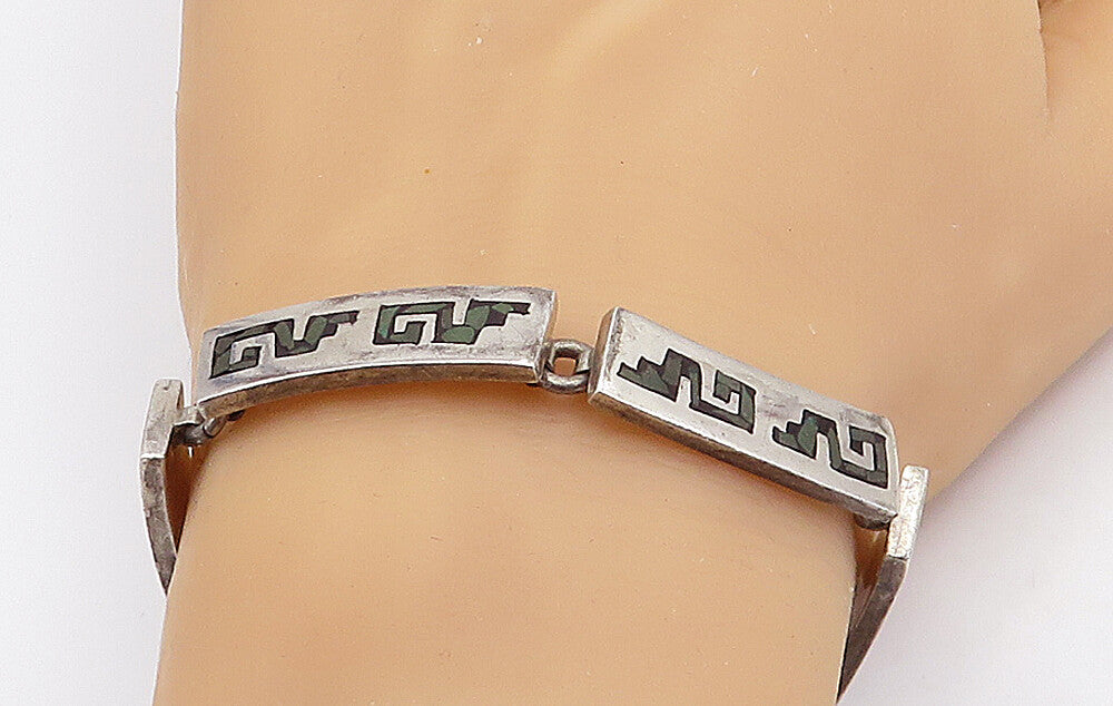 MEXICO 925 Sterling Silver  Vintage Jasper Mosaic Bar Chain Bracelet  BT1377
