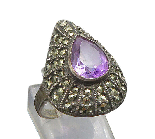 JUDITH JACK 925 Sterling Silver Vintage Amethyst & Marcasite Ring Sz 7 RG24667