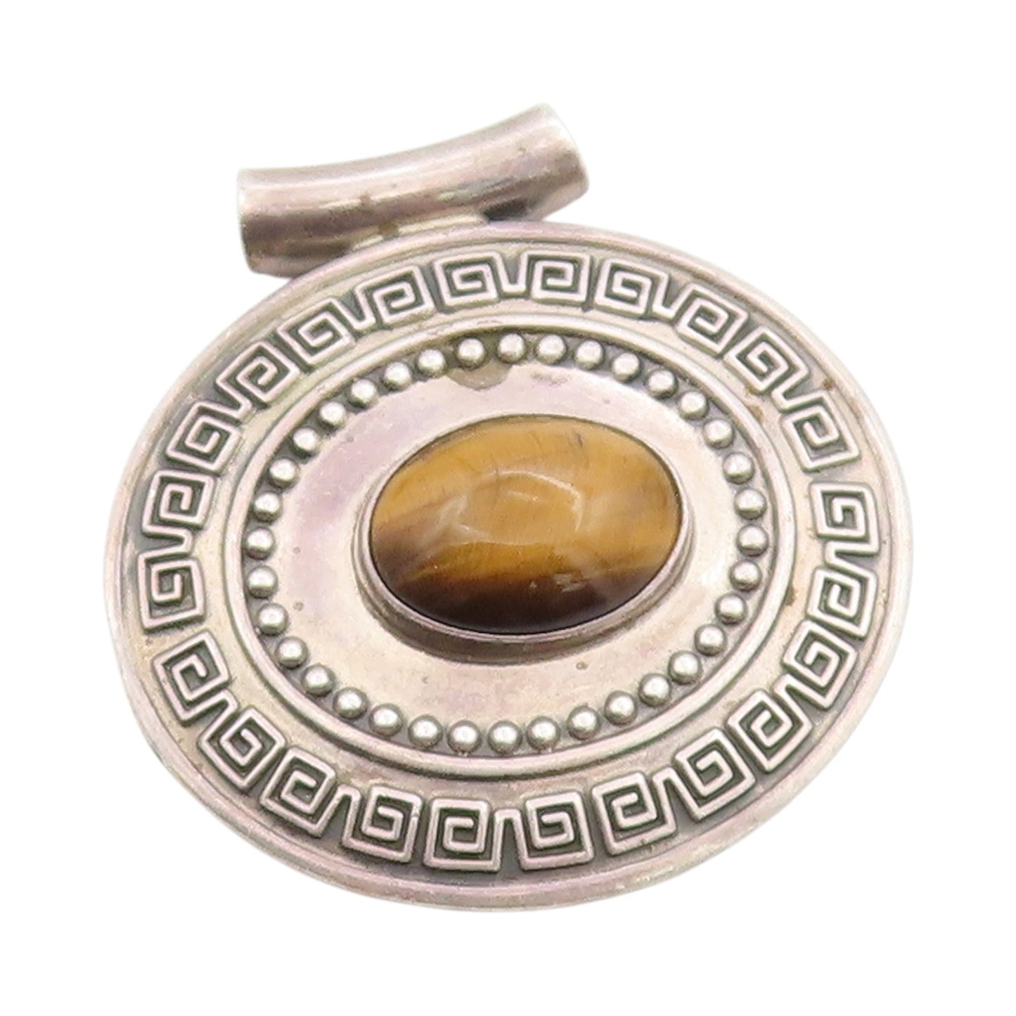 925 Sterling Silver Vintage Pendant Tiger's Eye Greek Key Heavy Design  PT24843