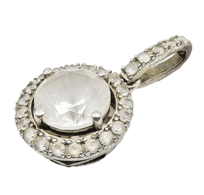 925 Sterling Silver  Vintage Prong Set Faceted Topaz Round Pendant  PT14886