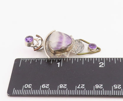 925 Sterling Silver Vintage Pendant Modernist Agate & Amethyst Locket  PT25860