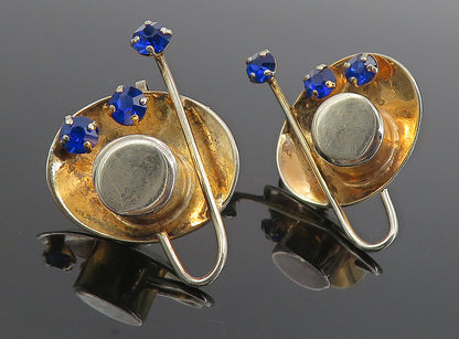 925 Sterling Silver   Vintage Blue Topaz Modernist Non Pierce Earrings  EG4395