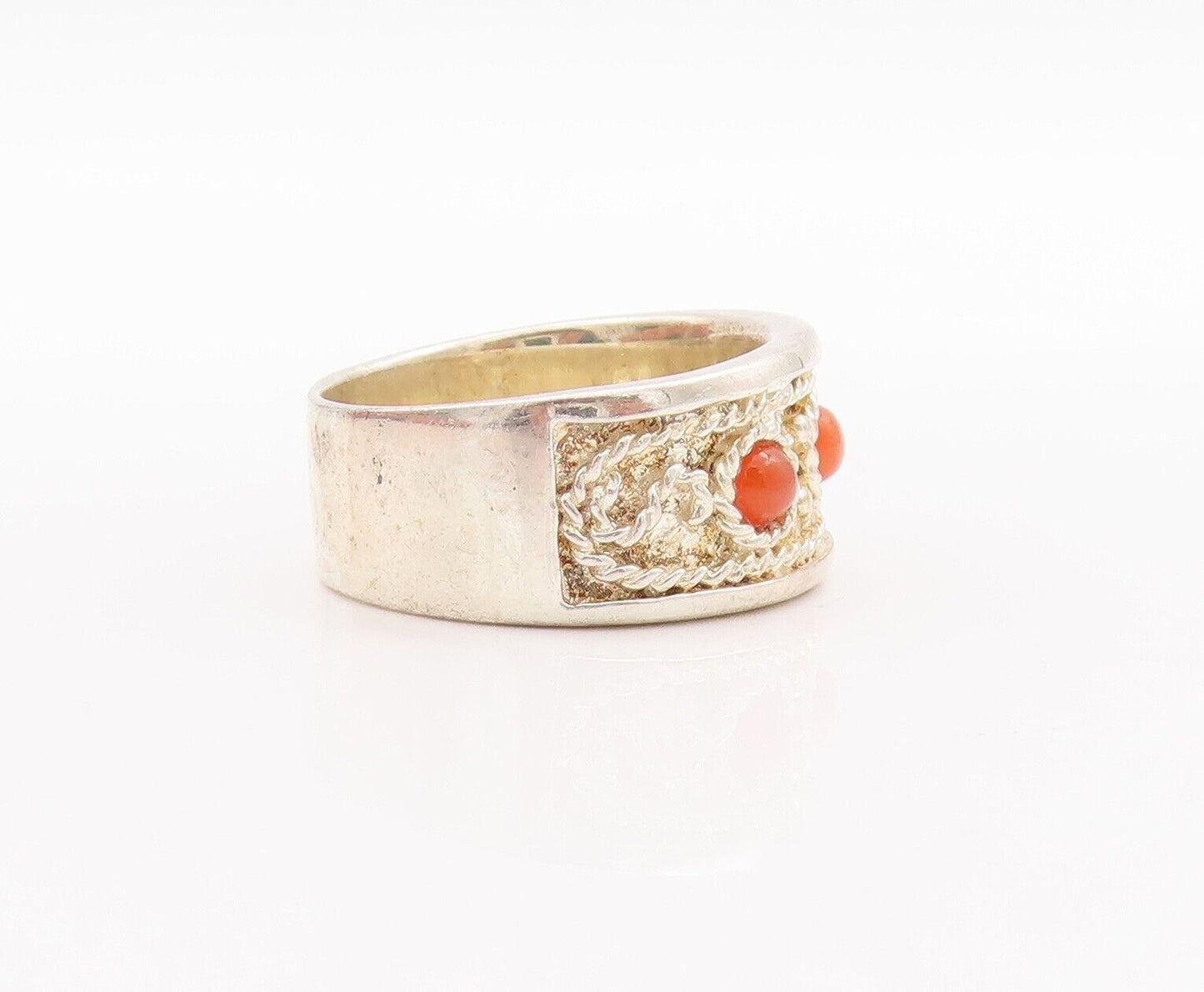 925 Sterling Silver Vintage Ring Rope Carved Orange Gemstone  Sz 7.5  RG28621