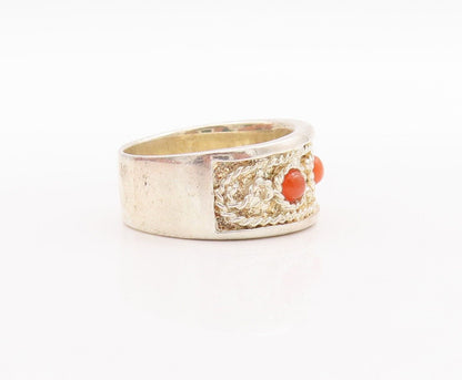 925 Sterling Silver Vintage Ring Rope Carved Orange Gemstone  Sz 7.5  RG28621