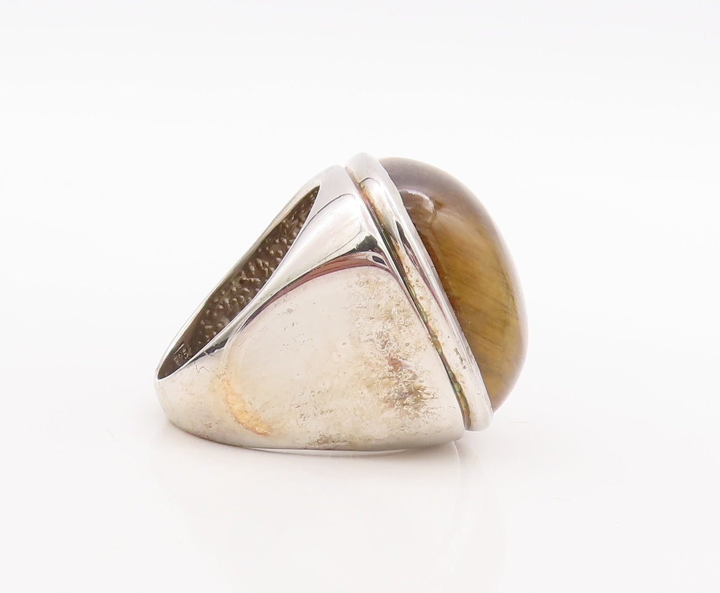 925 Sterling Silver Vintage Ring Large Square Tiger's Eye Inlay Sz 8  RG29534