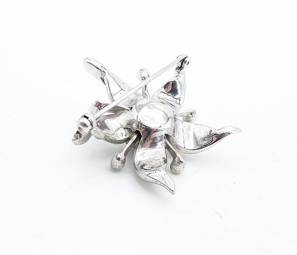 925 Sterling Silver  Vintage Topaz Shiny Sculpted Flower Brooch Pin  BP1945