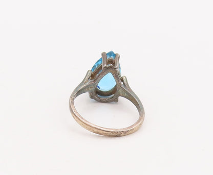 925 Sterling Silver Vintage Ring Cutout Neck Drop Cut Blue CZ  Sz 5  RG28731