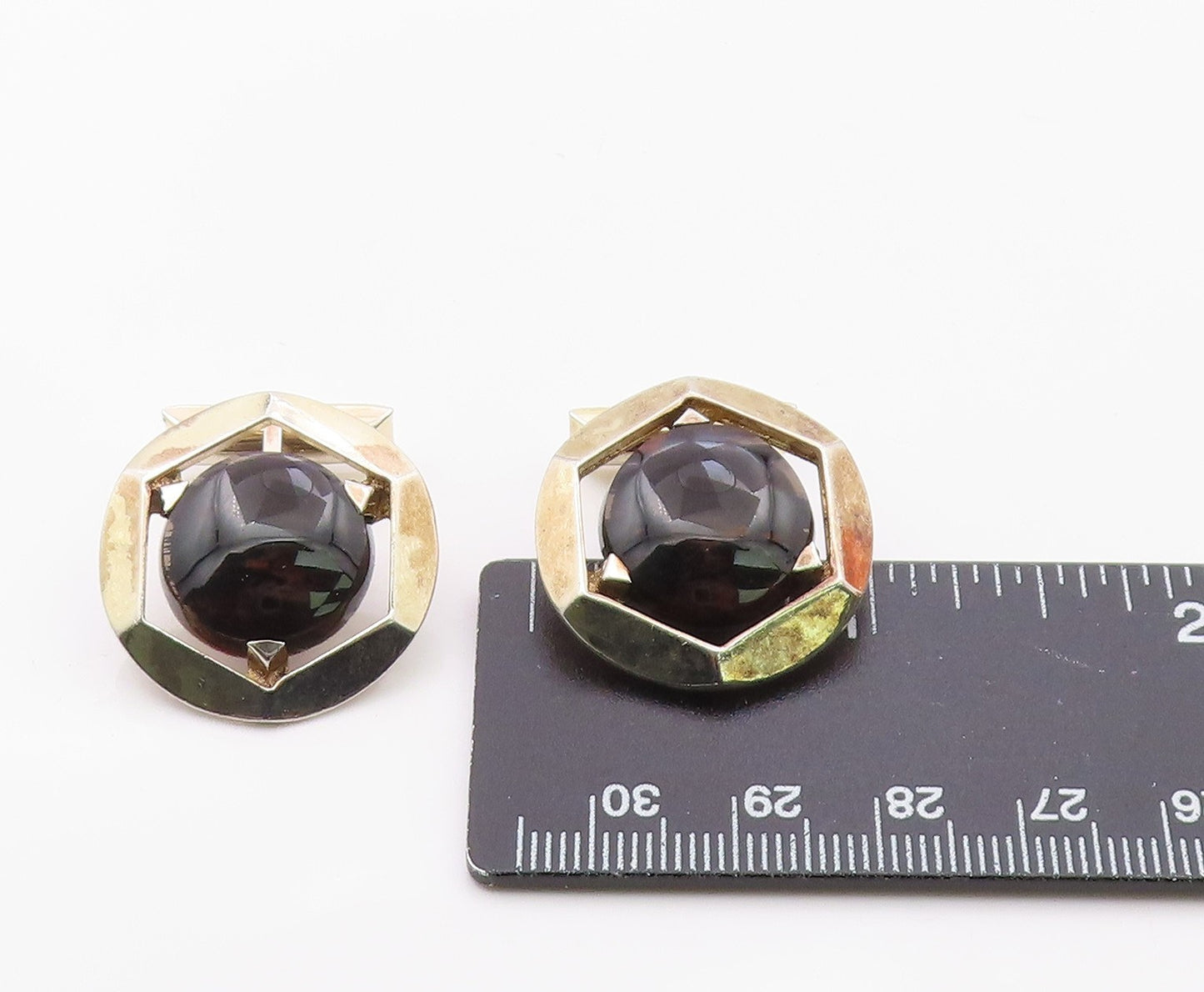 925 Sterling Silver  Vintage Brown Agate Shiny Hexagon Cuff Links  TR1827