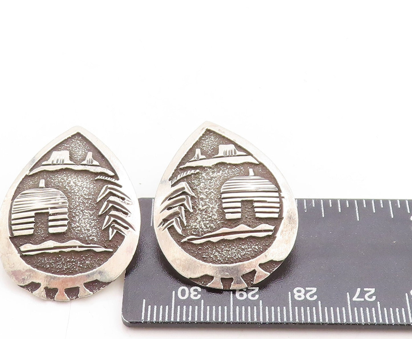 925 Sterling Silver Vintage Earrings BB NAVAJO Dark Tone Landscape  EG13281