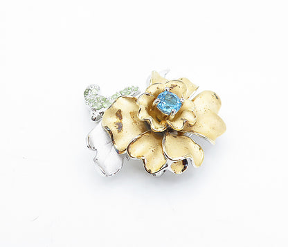 ROSS SIMON 925 Silver  Vintage Blue Topaz Two Tone Flower Brooch Pin  BP1374