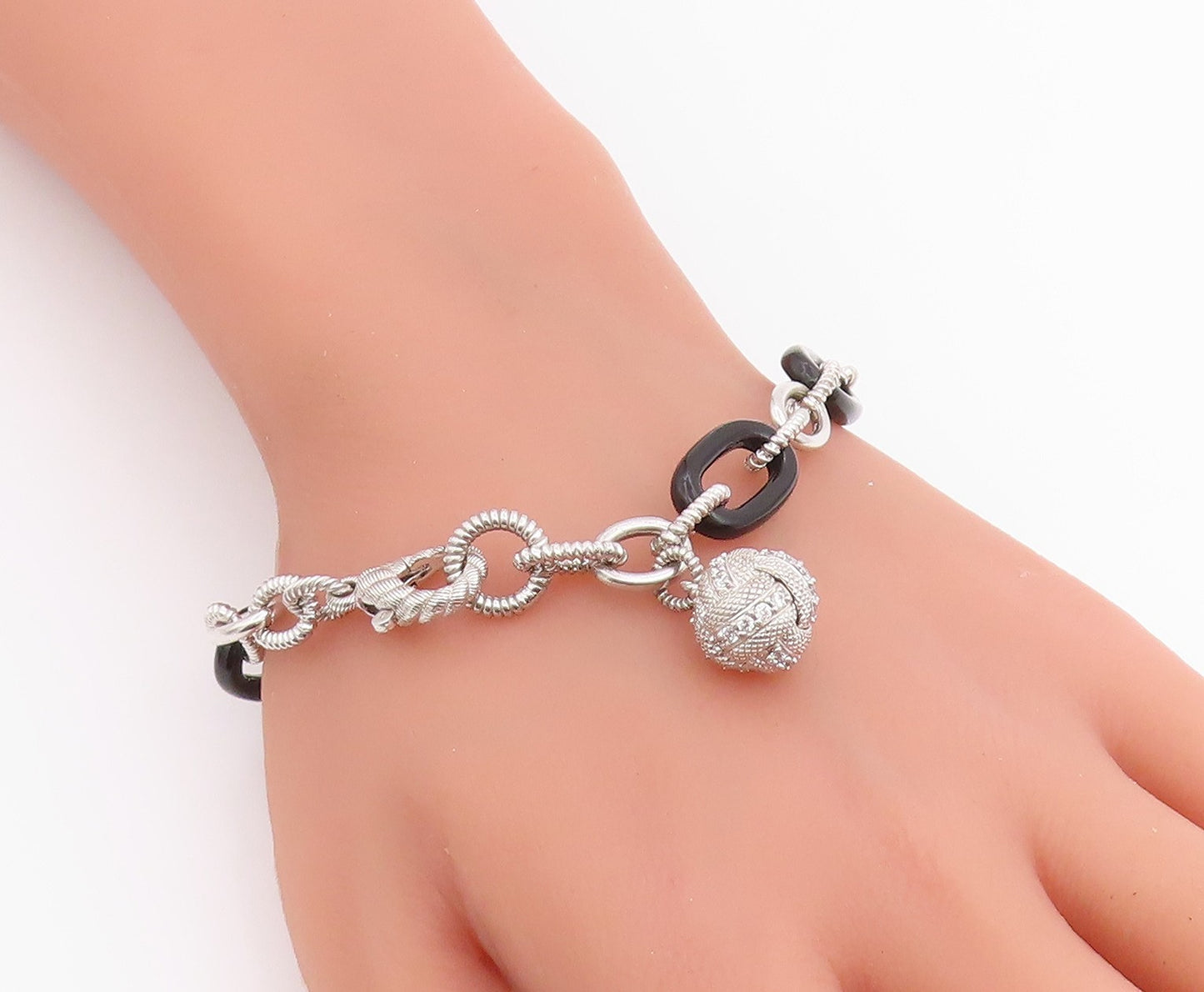 925 Sterling Silver Vintage Bracelet JUDITH RIPKA Onyx & CZ Oval Link  BT12226