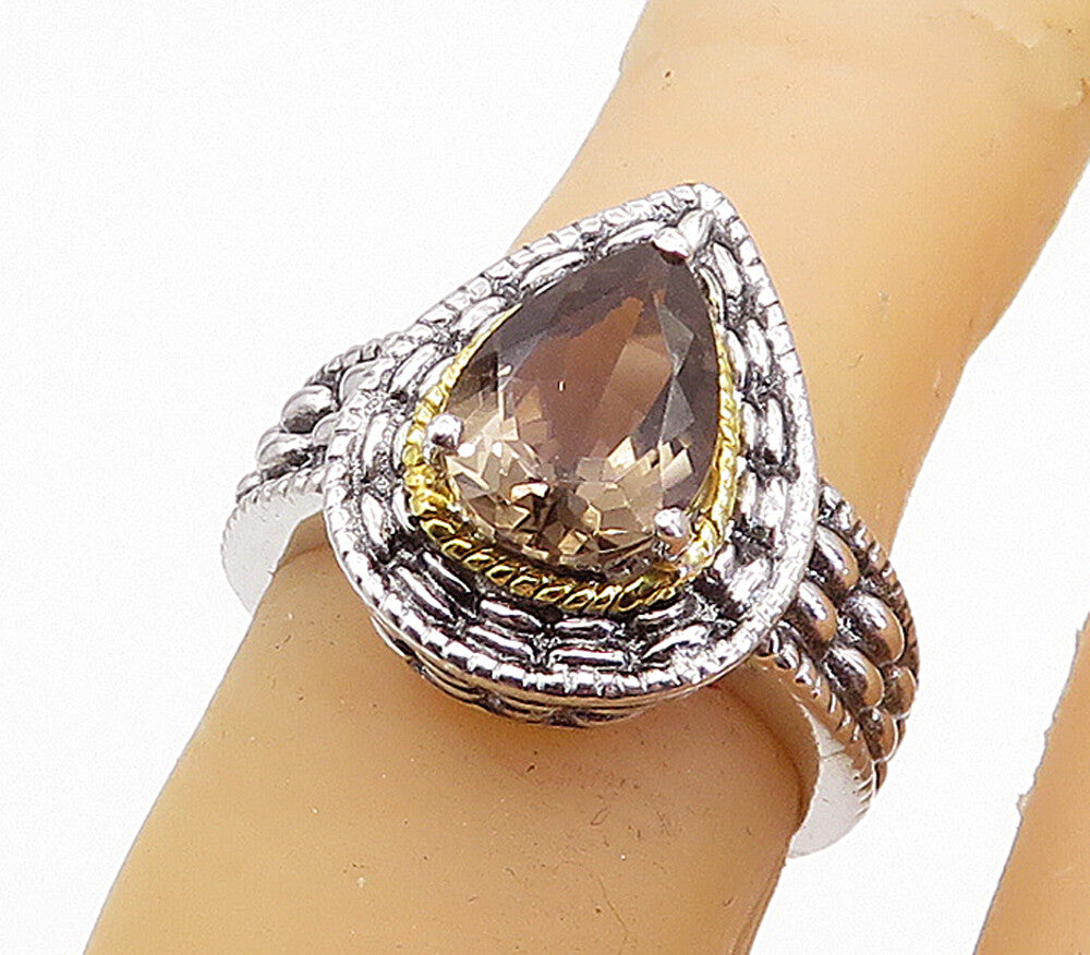 925 Silver & 18K GOLD  Tear Drop Smoky Topaz Twist Solitaire Ring Sz 5  RG3944