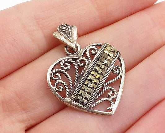 925 Sterling Silver  Vintage Marcasite Decorated Love Heart Pendant  PT3293