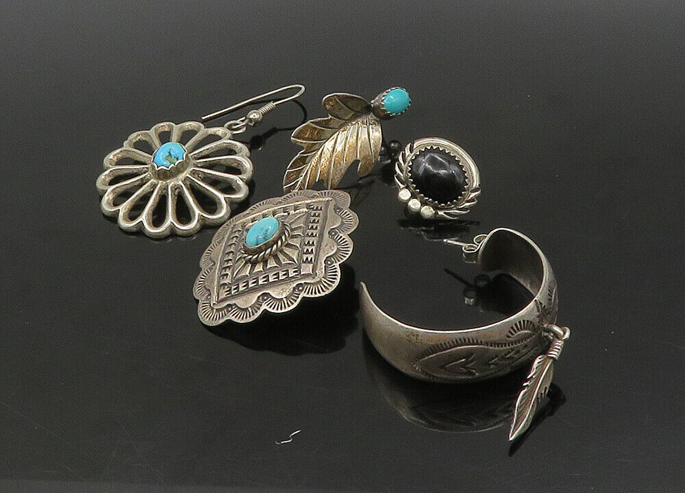 ZUNI NAVAJO 925 Silver  Vintage Turquoise & Onyx Lot Single Earrings  EG11255