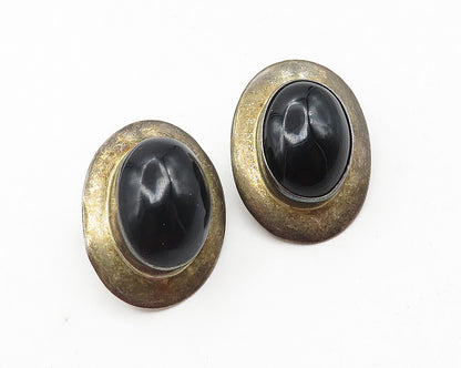 MEXICO 925 Sterling Silver  Vintage Cabochon Black Onyx Drop Earrings  EG5934