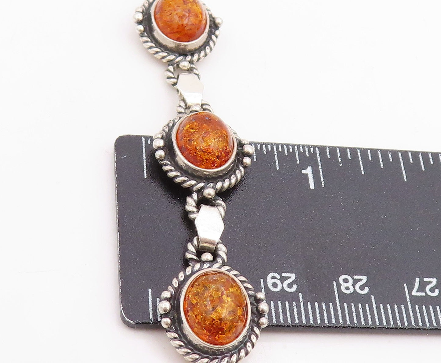925 Sterling Silver Vintage Bracelet Cabochon Honey Amber Link Chain  BT11849