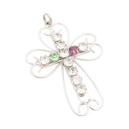 925 Sterling Silver Vintage Pendant Designer Cutout Rhinestone Cross  PT24066