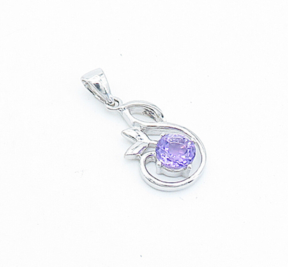 925 Sterling Silver  Amethyst Shiny Petite Floral Leaf Design Pendant  PT2766