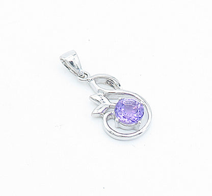 925 Sterling Silver  Amethyst Shiny Petite Floral Leaf Design Pendant  PT2766