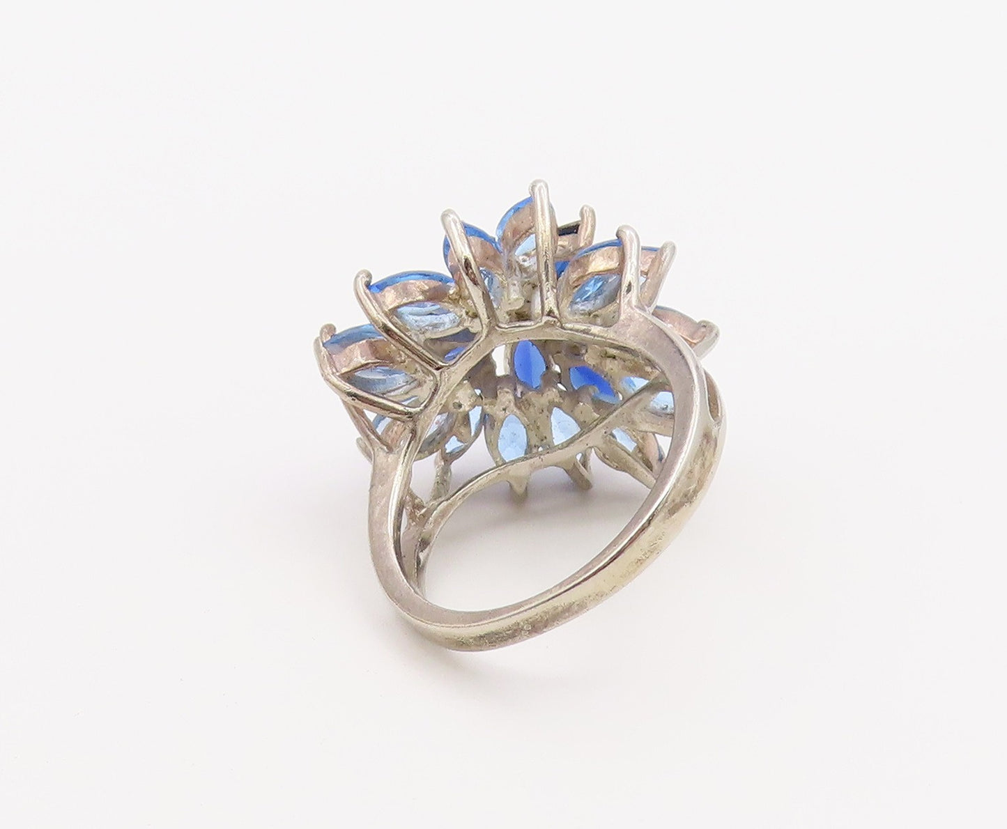 925 Sterling Silver Vintage Ring Marquise Sapphire Floral Blossom  Sz 7  RG36509