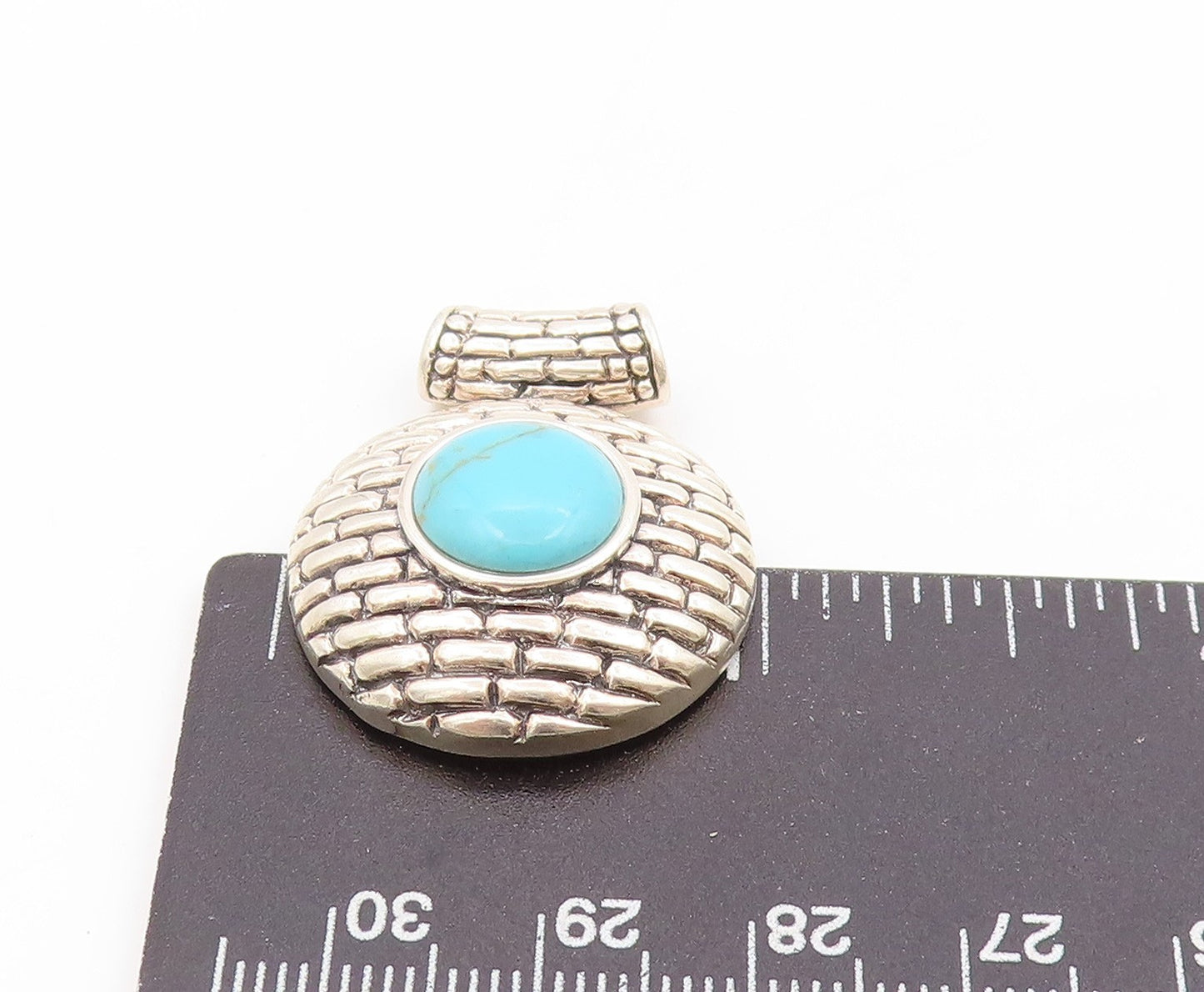 925 Sterling Silver Vintage Pendant Round Turquoise Brick Line Design  PT25826