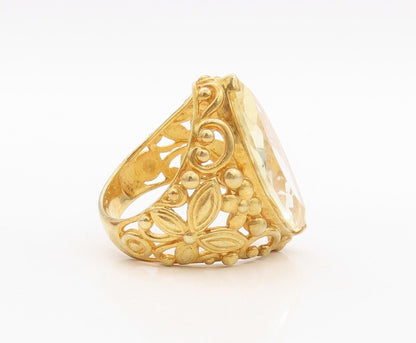 925 Sterling Silver Vintage Ring Gold Plated Carved Lime Quartz  Sz 7  RG30070