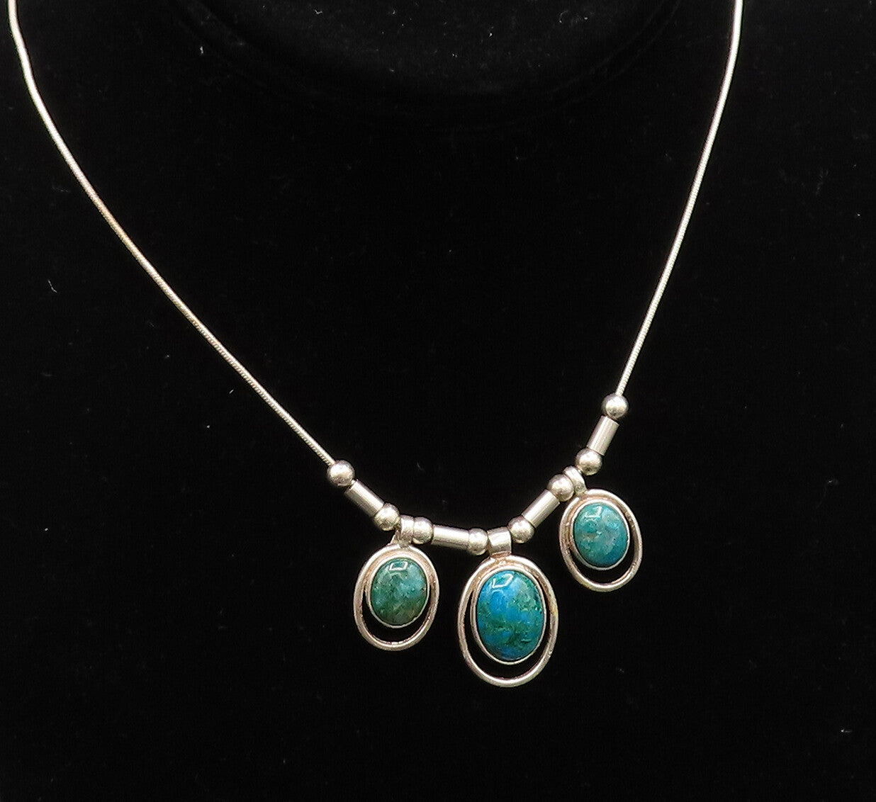 925 Silver  Vintage Three Stone Oval Chrysocolla & Beads Rope Necklace  NE3952