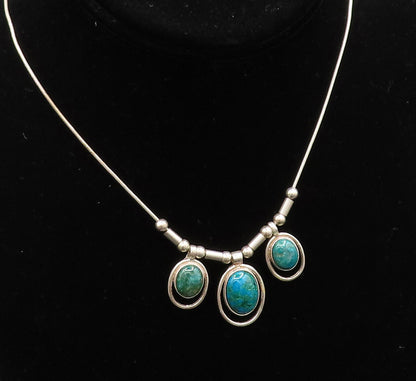 925 Silver  Vintage Three Stone Oval Chrysocolla & Beads Rope Necklace  NE3952