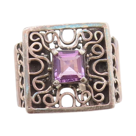 925 Sterling Silver Vintage Ring Amethyst Etched Swirly Cut Out  Sz 6  RG33578