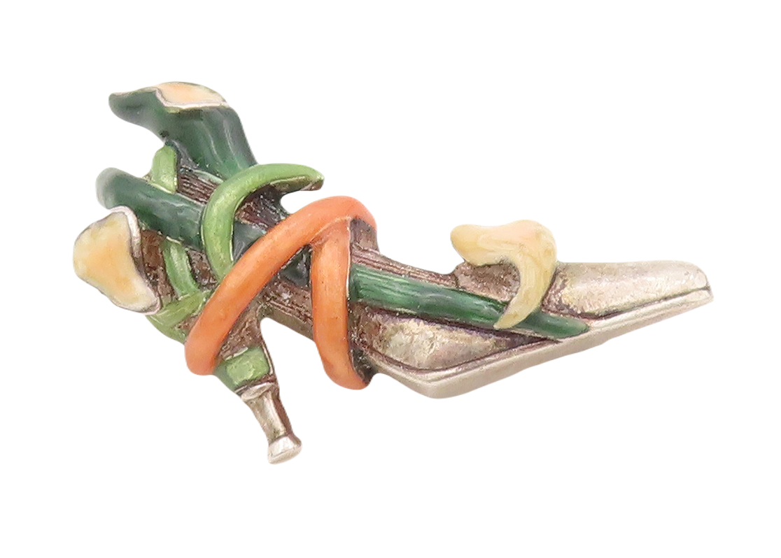 925 Sterling Silver Vintage Brooch Pin Enameled Roped & Floral Shoe  BP11177