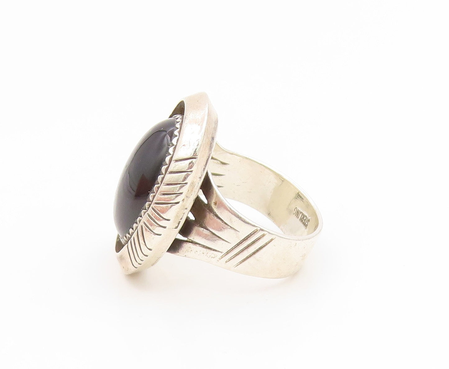 925 Sterling Silver Vintage Ring Cabochon Onyx Statement Band  Sz 7.5  RG35190