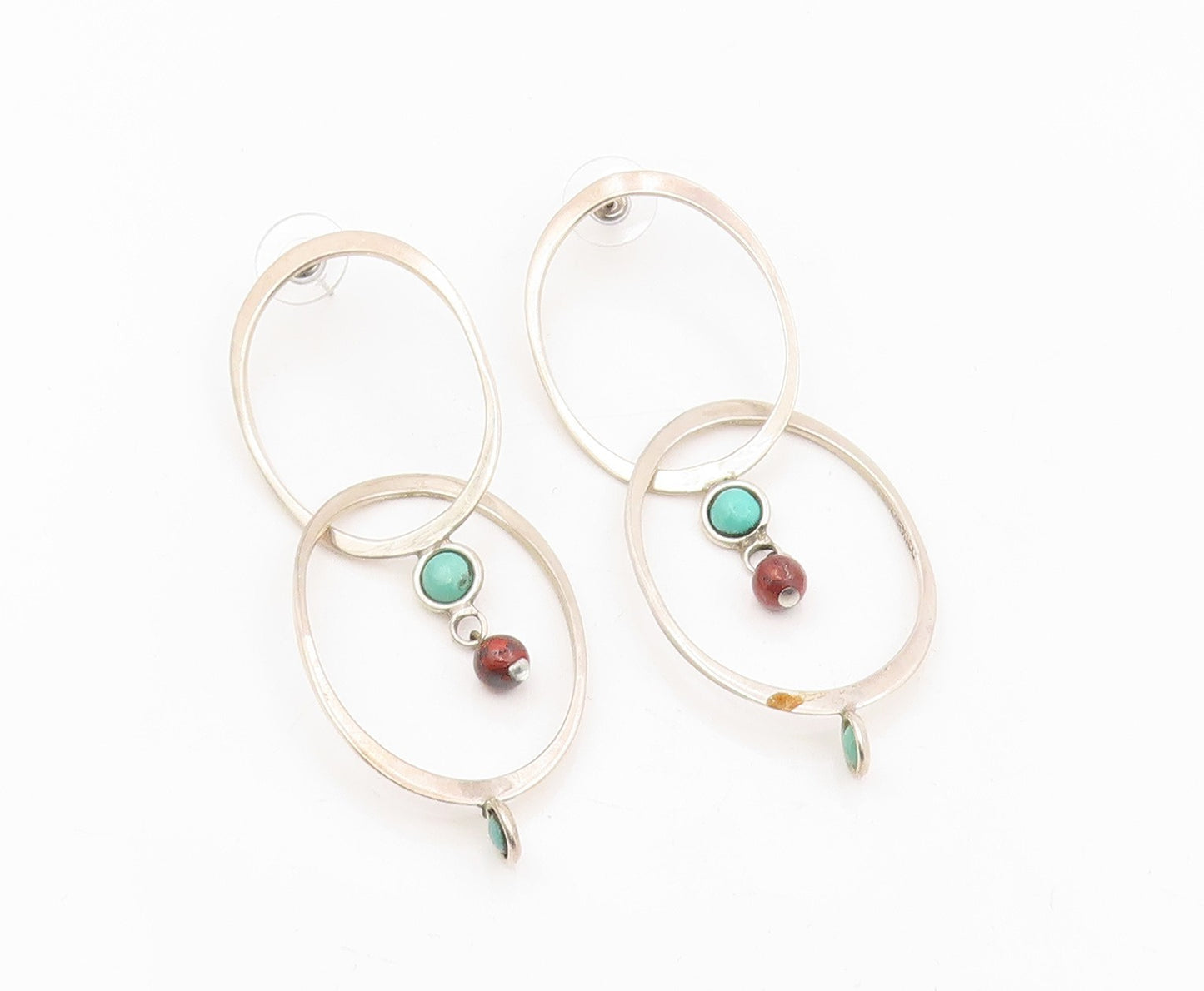 925 Sterling Silver Vintage Earrings Turquoise & Red Bead Abstract Hoop  EG13879