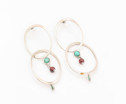 925 Sterling Silver Vintage Earrings Turquoise & Red Bead Abstract Hoop  EG13879