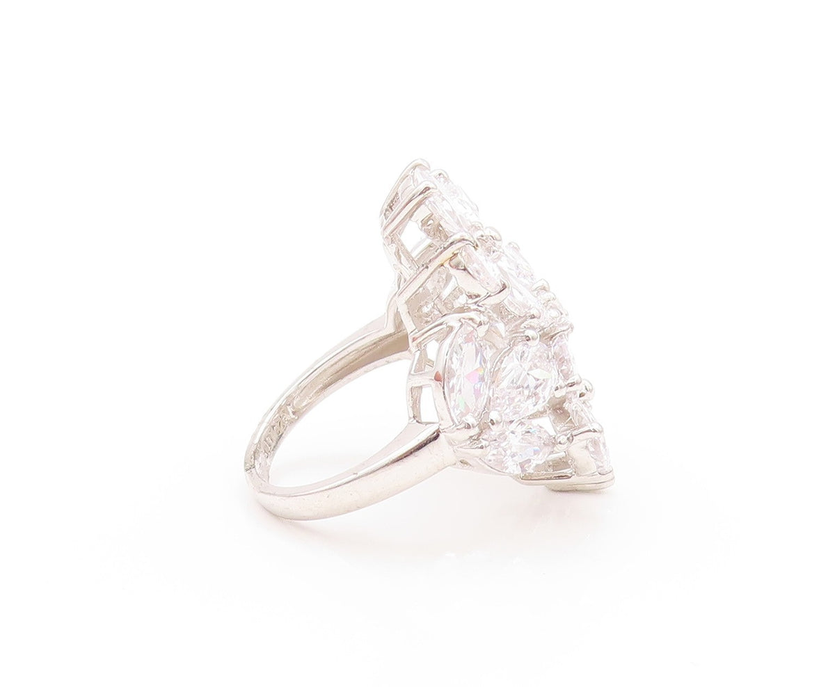 925 Sterling Silver Vintage Ring Drop & Marquise Cut CZ Flowers  Sz 7.5  RG32990