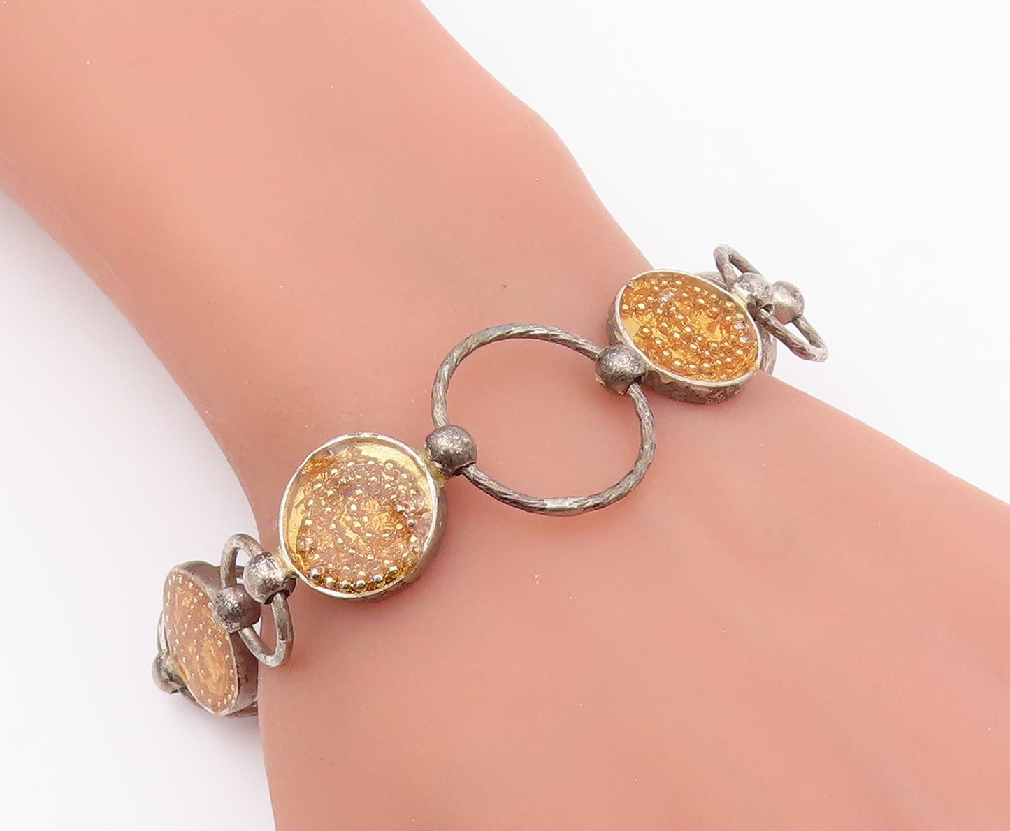 925 Sterling Silver  Vintage Beaded Detail Circle Link Chain Bracelet  BT6248