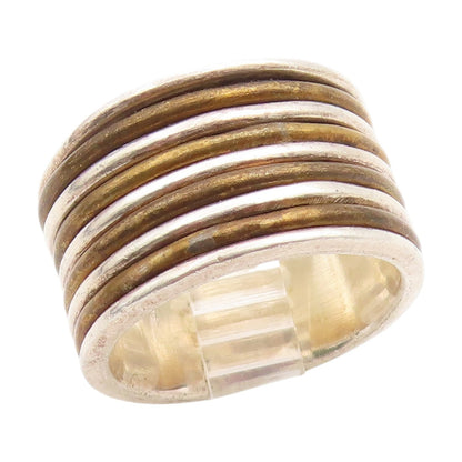 925 Sterling Silver Vintage Ring Two Tone Modernist Wide Band  Sz 6.5  RG34843