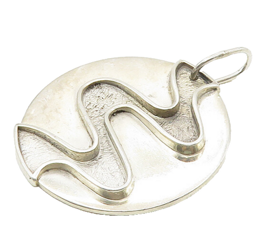 925 Sterling Silver  Vintage Shiny Modernist Swirl Round Pendant  PT13988