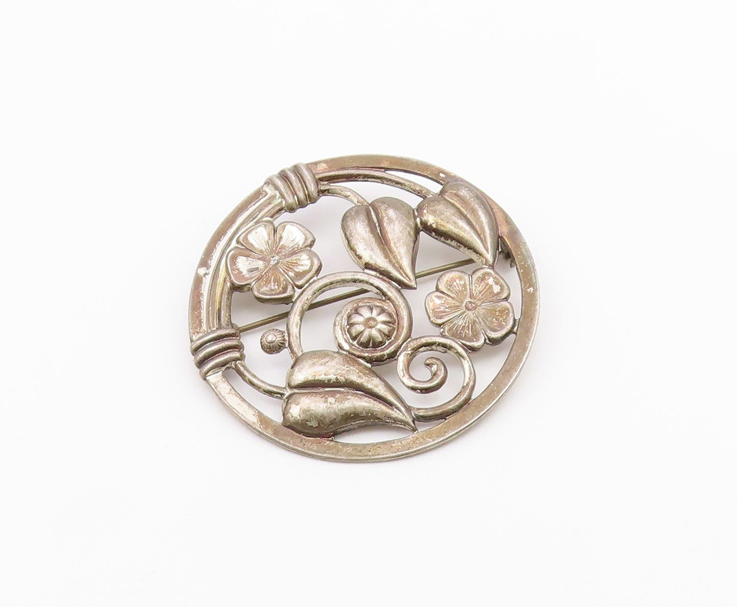 LANG 925 Silver  Vintage Dark Tone Floral Swirl Vine Round Brooch Pin  BP5505