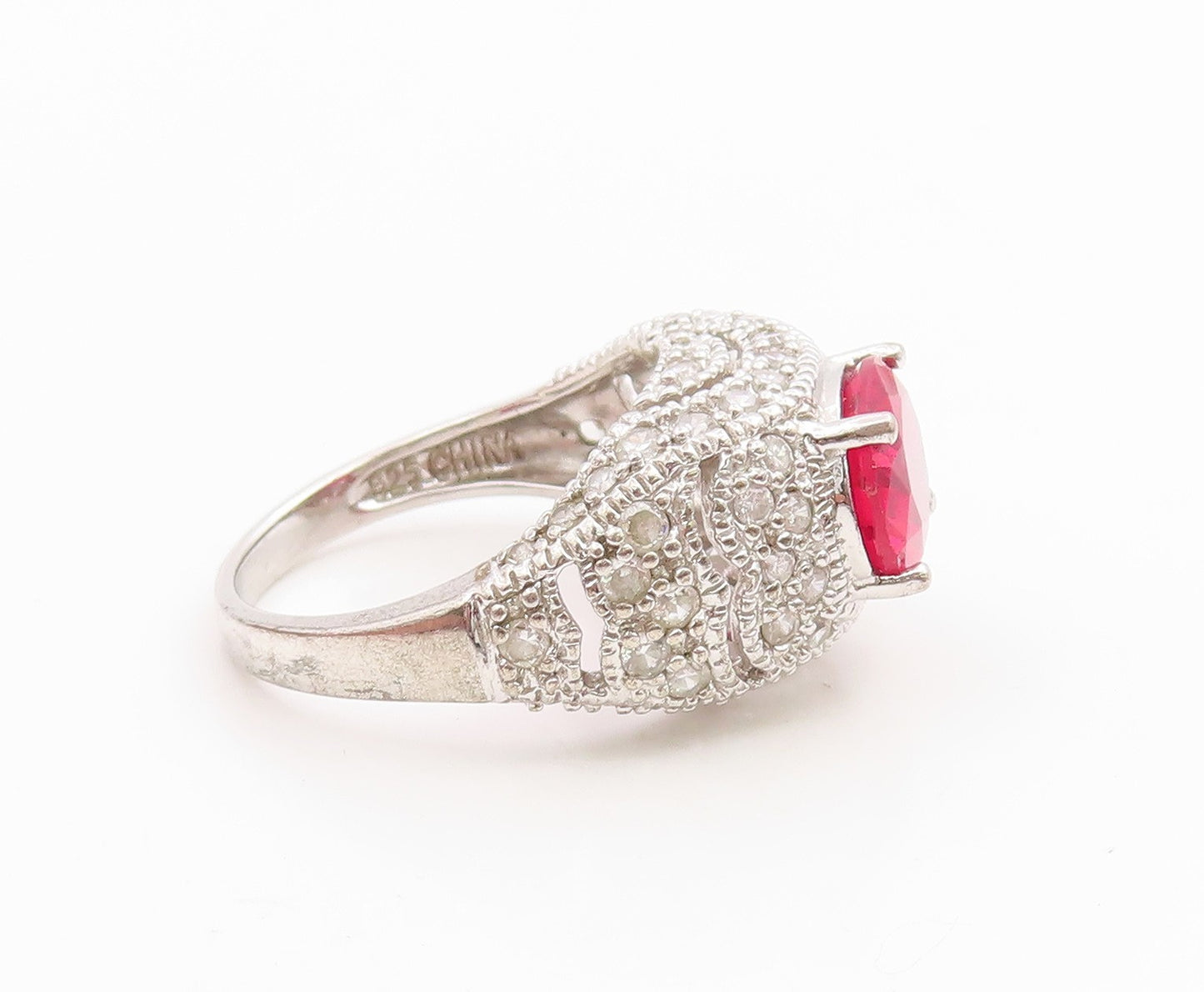 925 Sterling Silver Vintage Ring Oval Ruby & Topaz Statement Band  Sz 7  RG35866