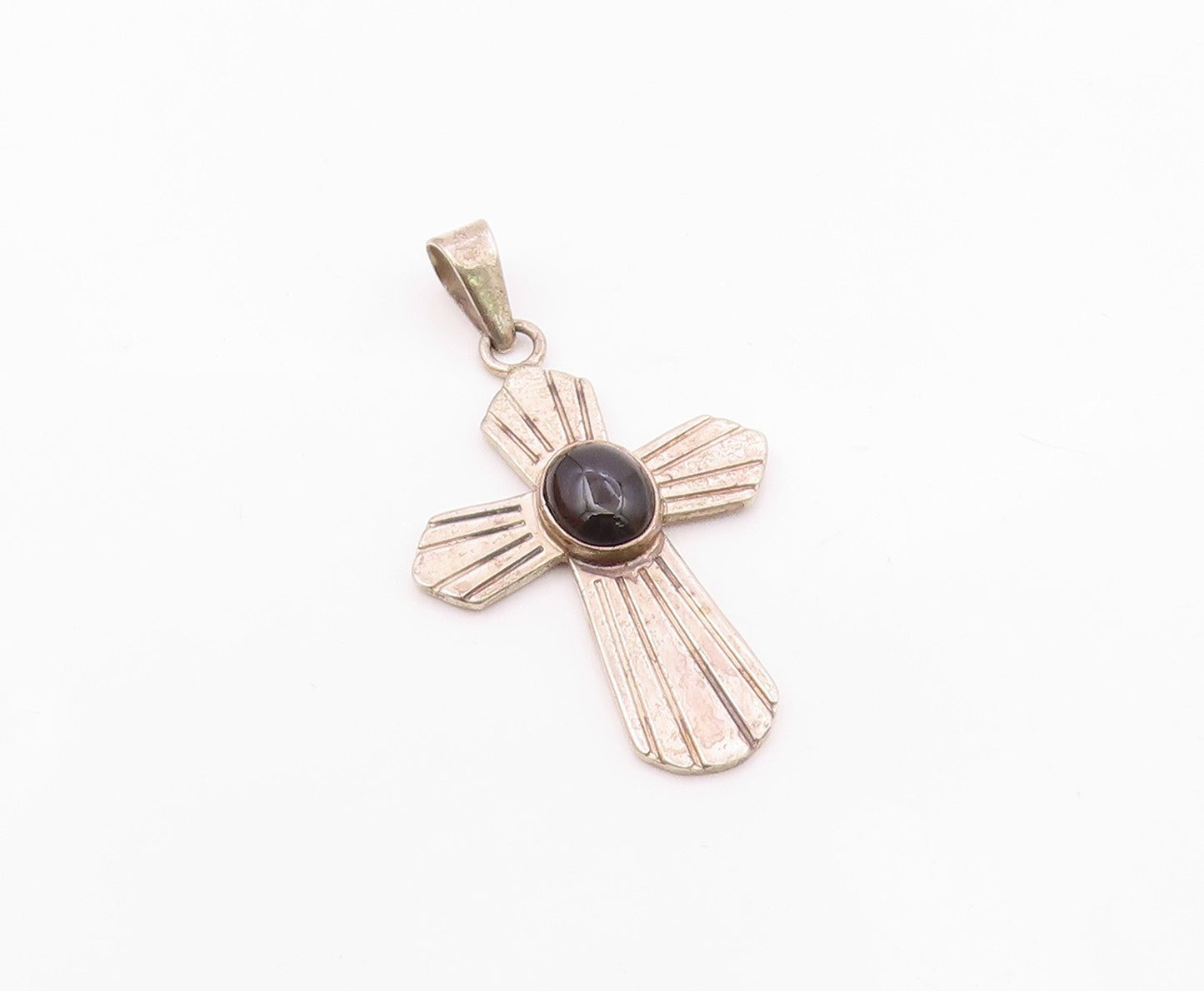 MEXICO 925 Silver  Vintage Cabochon Black Onyx Religious Cross Pendant PT14387