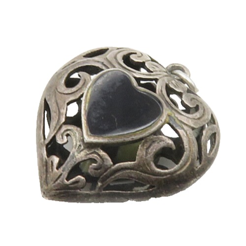 925 Sterling Silver  Vintage Black Onyx Love Heart Open Swirl Pendant  PT13522