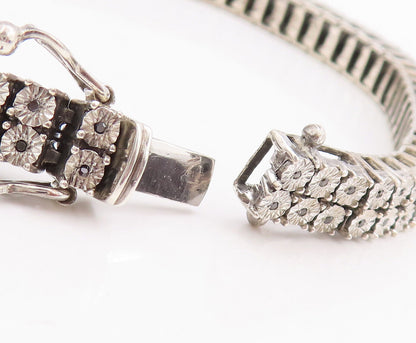 925 Sterling Silver Vintage Bracelet Floral Etched Band Black Diamonds  BT10630